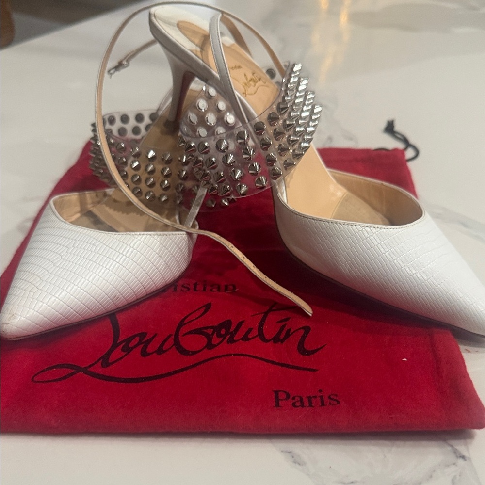 Christian Louboutin White and Silver Studded Heels - Picture 7 of 9
